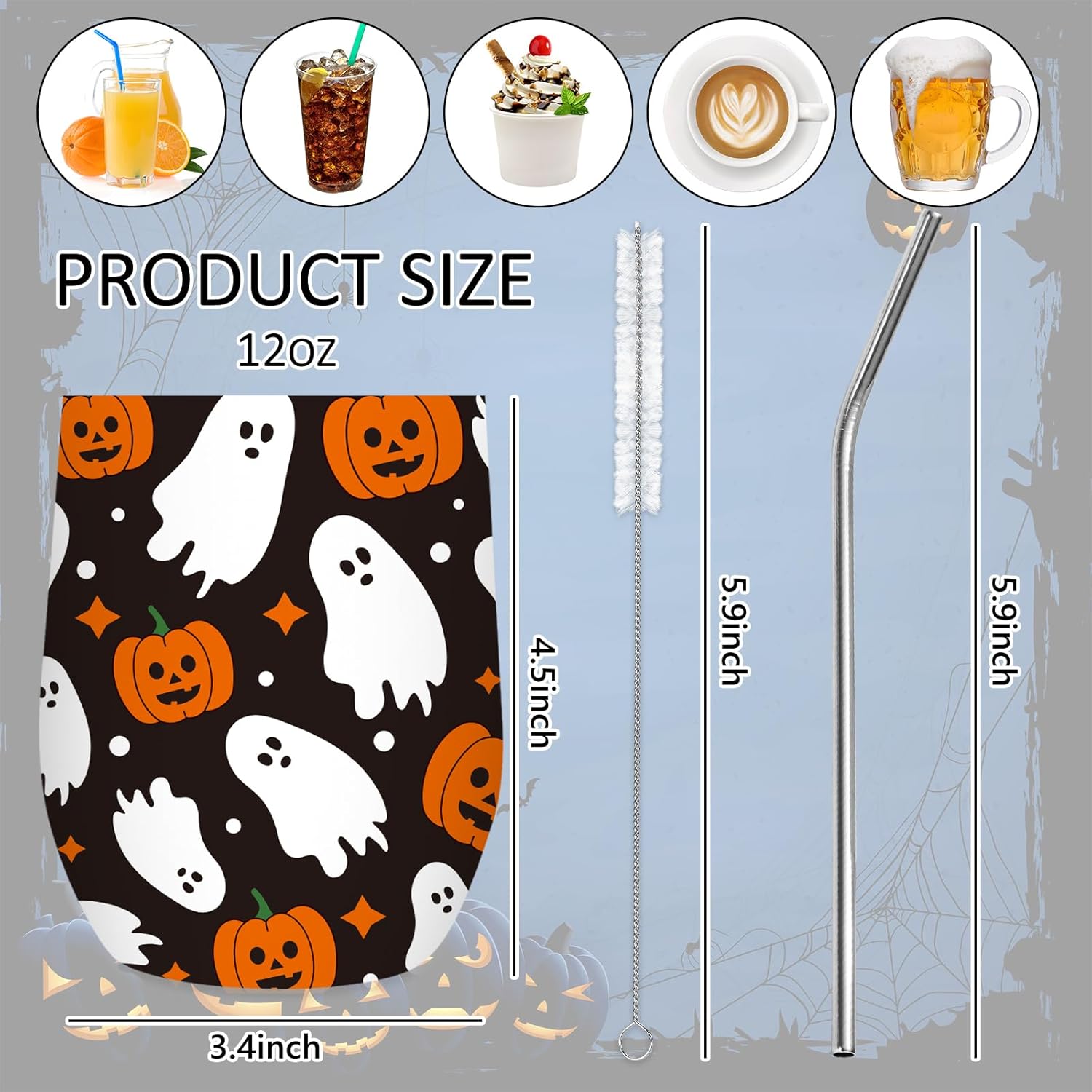 Whaline Halloween Stainless Steel Wine Tumbler with Straw and Lid Ghost Pumpkin Coffee Mug Black White Orange Insulated Tumbler for Hot and Cold Drinks - Image 2