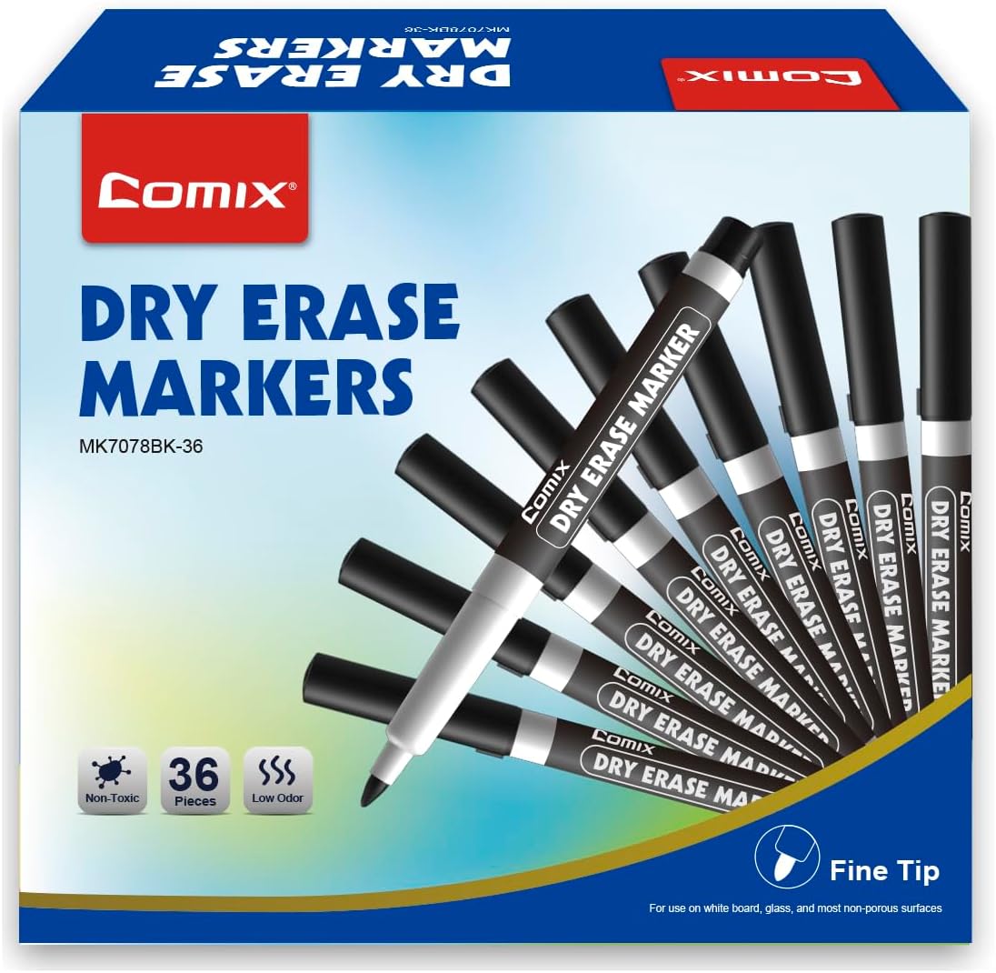 Comix Fine Tip Dry Erase Markers, Low Odor Whiteboard Markers, 36 Bulk Black Color Markers for Kids Teachers Office & School Supplies