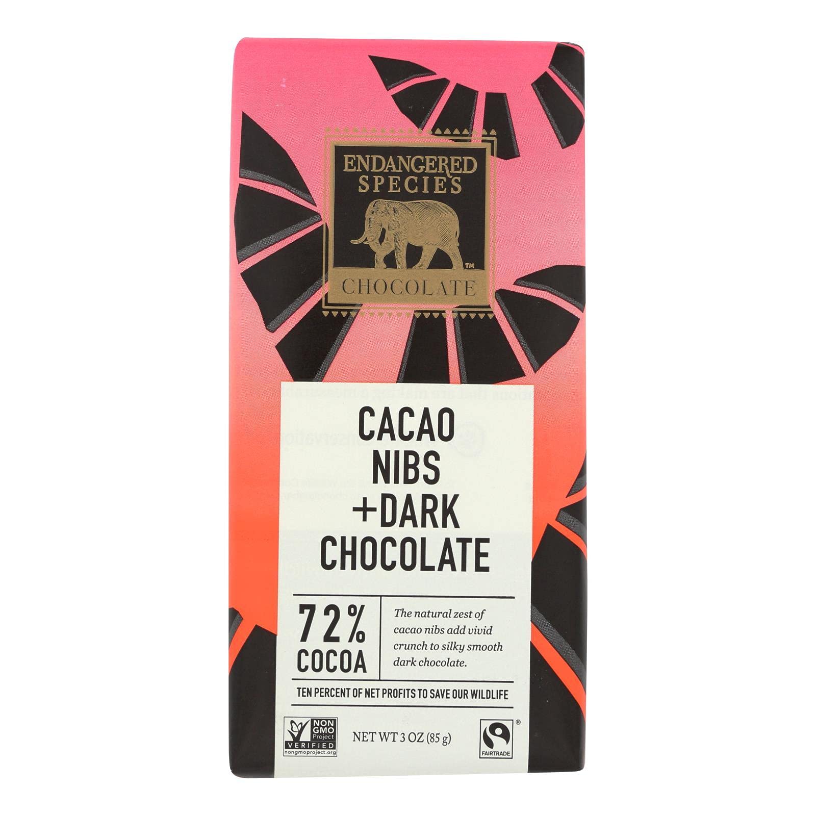 Endangered Species Chocolate Dark Chocolate with Cocoa Nibs Bar, 3 Ounce - 12 per case.Fairtrade InternationalFairtrade InternationalFairtrade InternationalFairtrade International