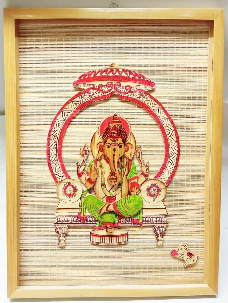 Samyak Bamboo Handcrafted Base Shree Ganesh Wall Hanging Frame Rectangular Shape for Home,Office/Eco Friendly Product.