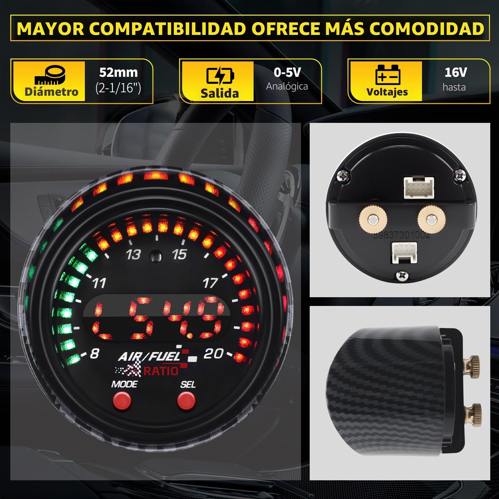 KAOLALI 30-0300 X-Wideband UEGO AFR Sensor Controller Display, 30-0300 X-Series AFR Sensor Controller Display Gauge Air Fuel Ratio 52 mm (2-1/16") Display Auto