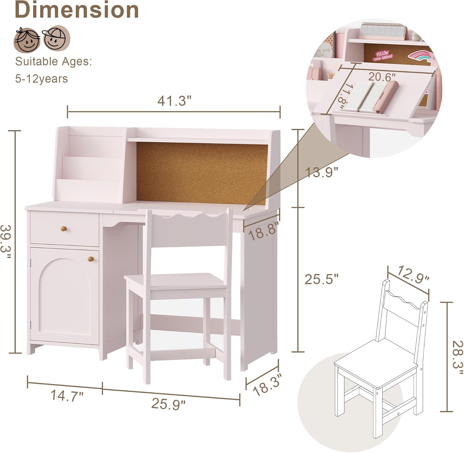 Treocho Kids Study Desk and Chair Set, Kids Desks with Tiltable Desktop and Hutch，Wooden Children Study Table with Fabric Drawers for 5-12 Years Old, Student Writing Desk Bedroom, Home School，Pink