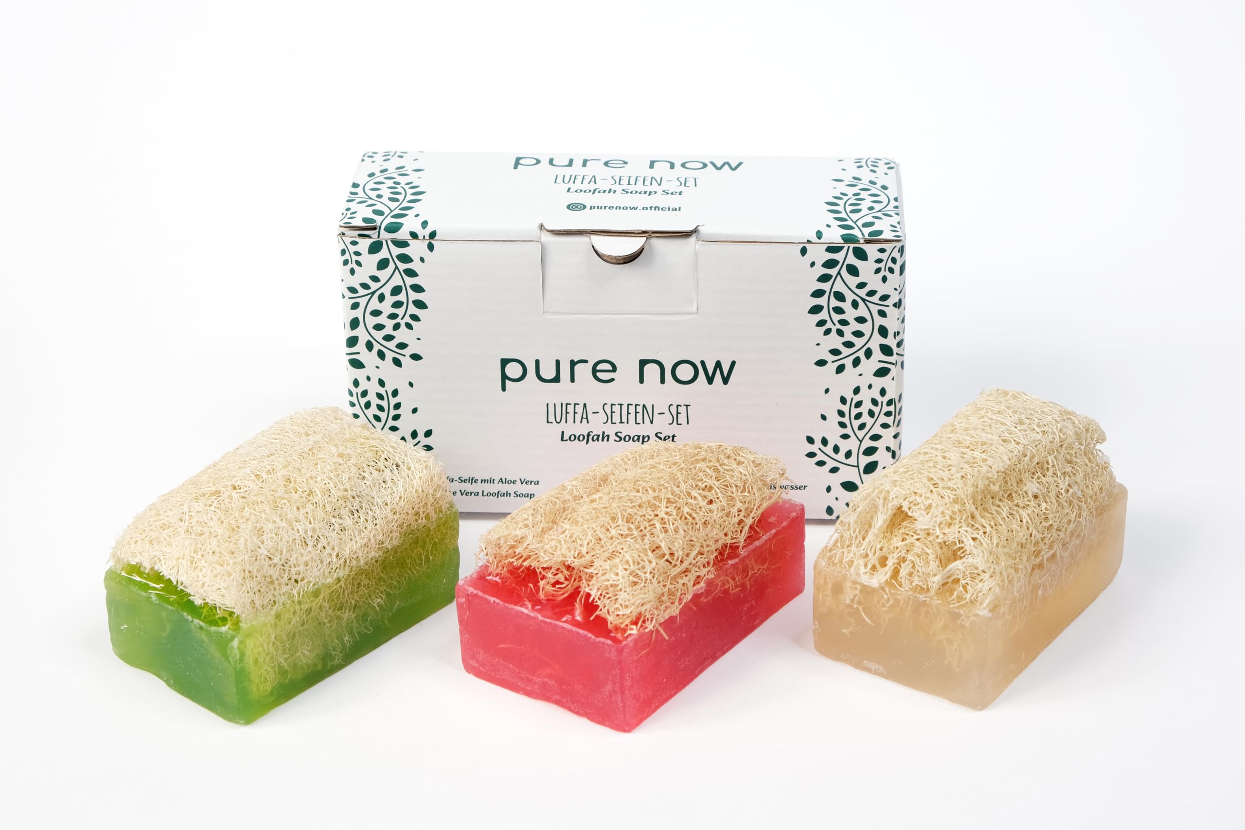 Pure Now Loofah Soap Set (3 x 100 g) - With Aloe Vera, Rose Oil & Rice Water - Vegan, Natural Exfoliation, Moisturising