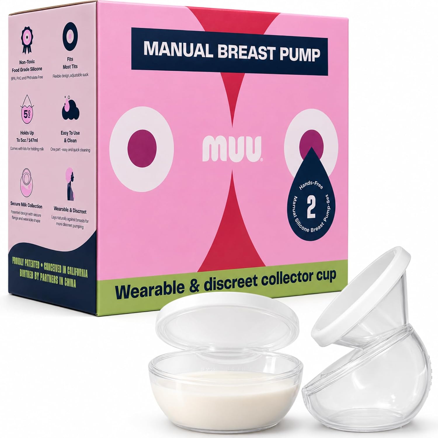 MUU Manual Breast Pump Collector Cup for Manual Suction Breastfeeding | Discreet, Hands-Free, Portable, Food-Grade Silicone | 5oz Wearable Breastfeeding Essentials, BPA-Free (2-Pack)