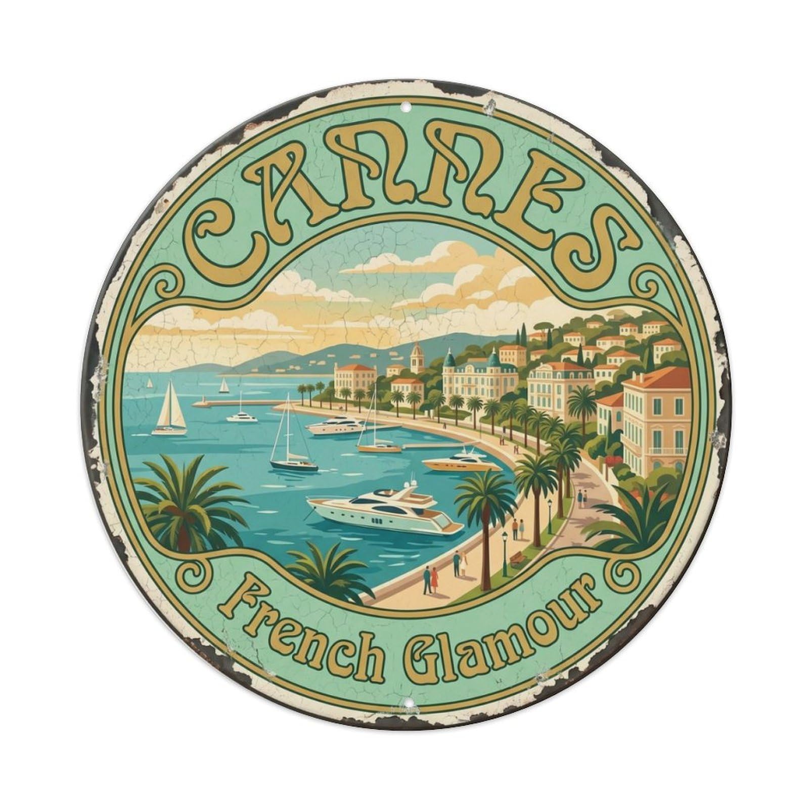 Vintage Travel Cannes Waterfront France Metal Tin Sign Plaque Wall Decor for Cafe, Club, Garden Round Metal Poster 8x8Inch
