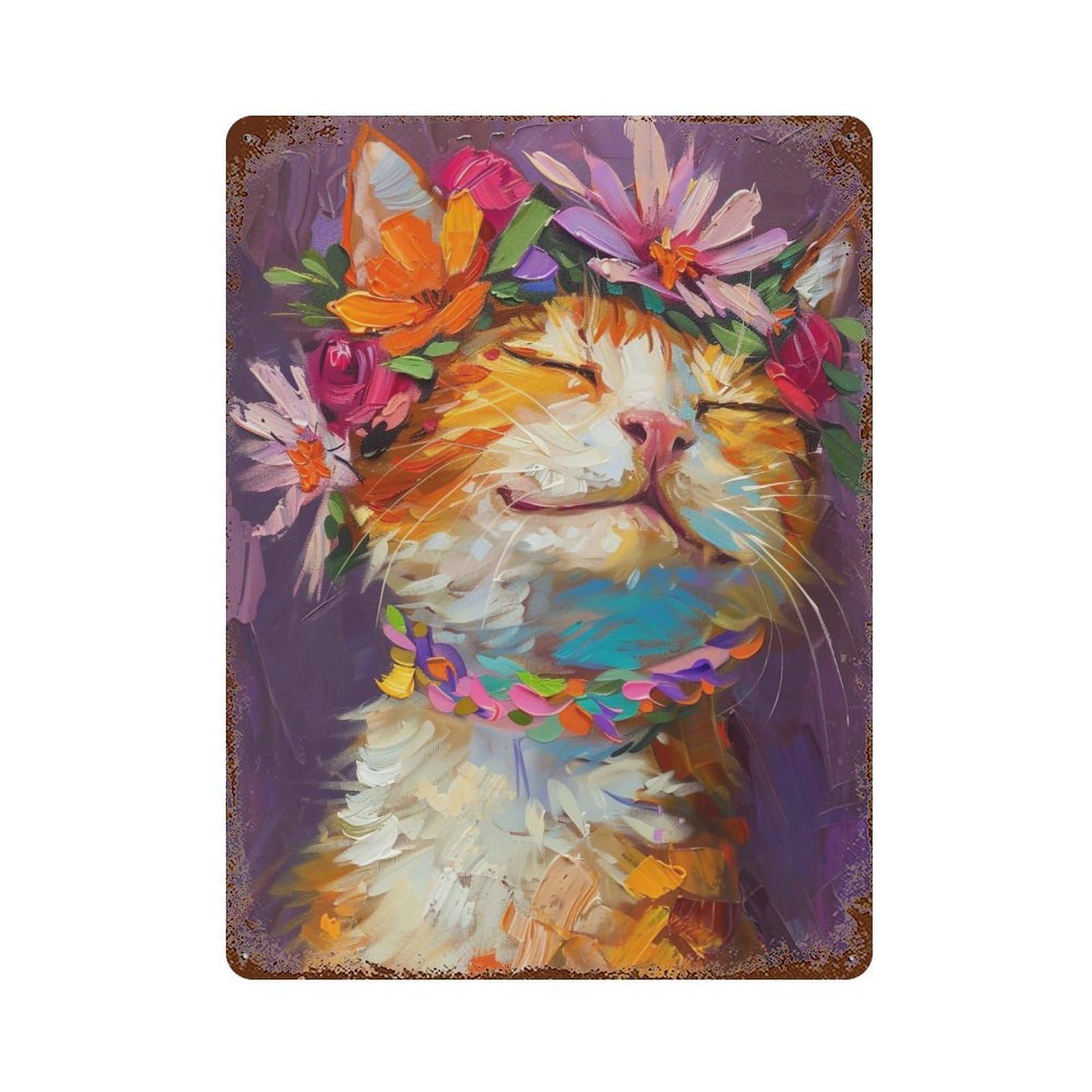 YHGERTKU Flower Crown Happy Cat Oil 03 Wall Art Retro Iron Vintage Metal Tin Sign Poster Modern Decor for Living Rooms Gift 40x30cm