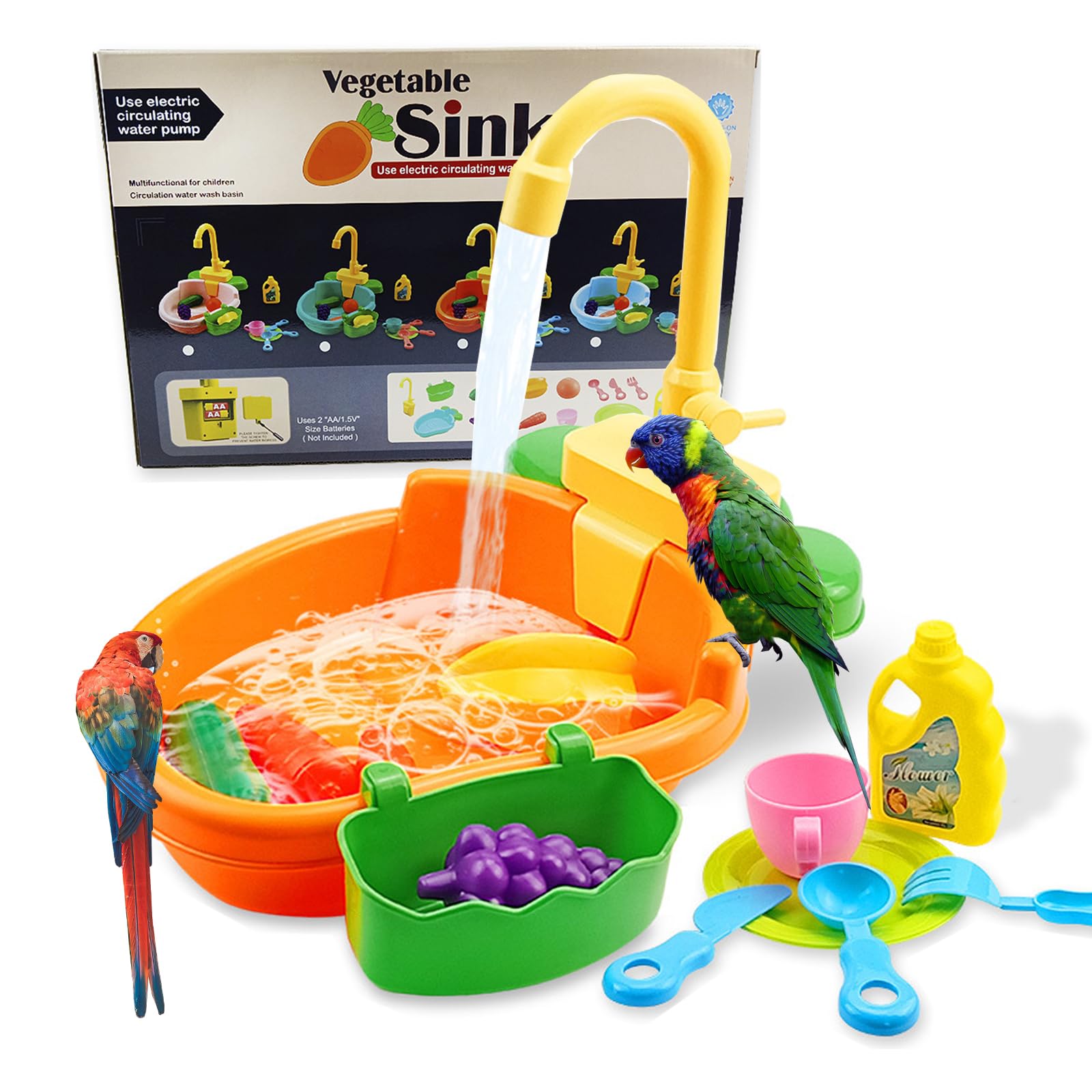 Parrot Bath Shower, Bird Bath for Cage, Automatic Bird Bathtub Pet Bath Pool with Faucet, Bird Bathtub Swimming Pool Toy Bath Shower Water Dispenser for Canary, Love Bird, Goldfinch ?Orange?