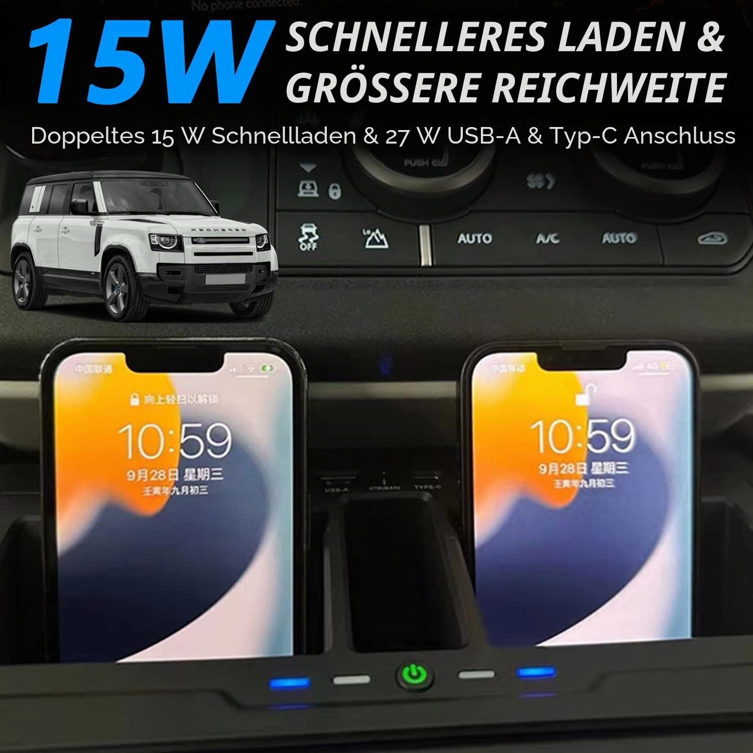 Duales Kabelloses Ladegerät für Land Rover Defender 90 110 130 2020-2024 | 15W Schnellladendes Handy-Ladegerät mit 27W USB & Type-C für Land Rover Defender 90 110 130 X/X-DYNAMIC/V8/CARPATHIAN Zubehör