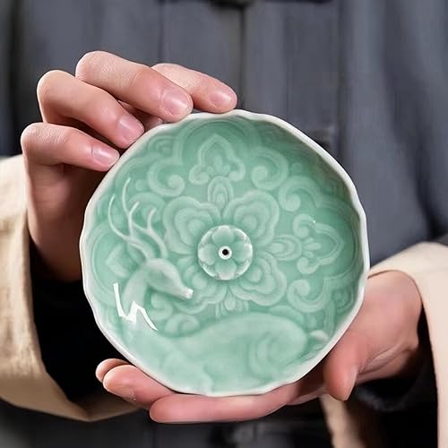 Miniatura 4 de Tingyework Soporte de incienso de porcelana para palos, 4.72 pulgadas, único quemador de incienso de ciervo Sika en relieve para medicación, yoga,