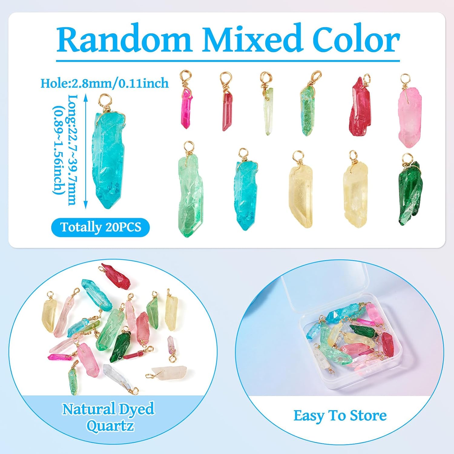 FASHEWELRY 20Pcs Natural Dyed Quartz Pendants Assorted Stone Charms with Copper Wire Crystal Healing Gemstone Charms for Jewelry Making Necklace Earring DIY Craft - Image 3