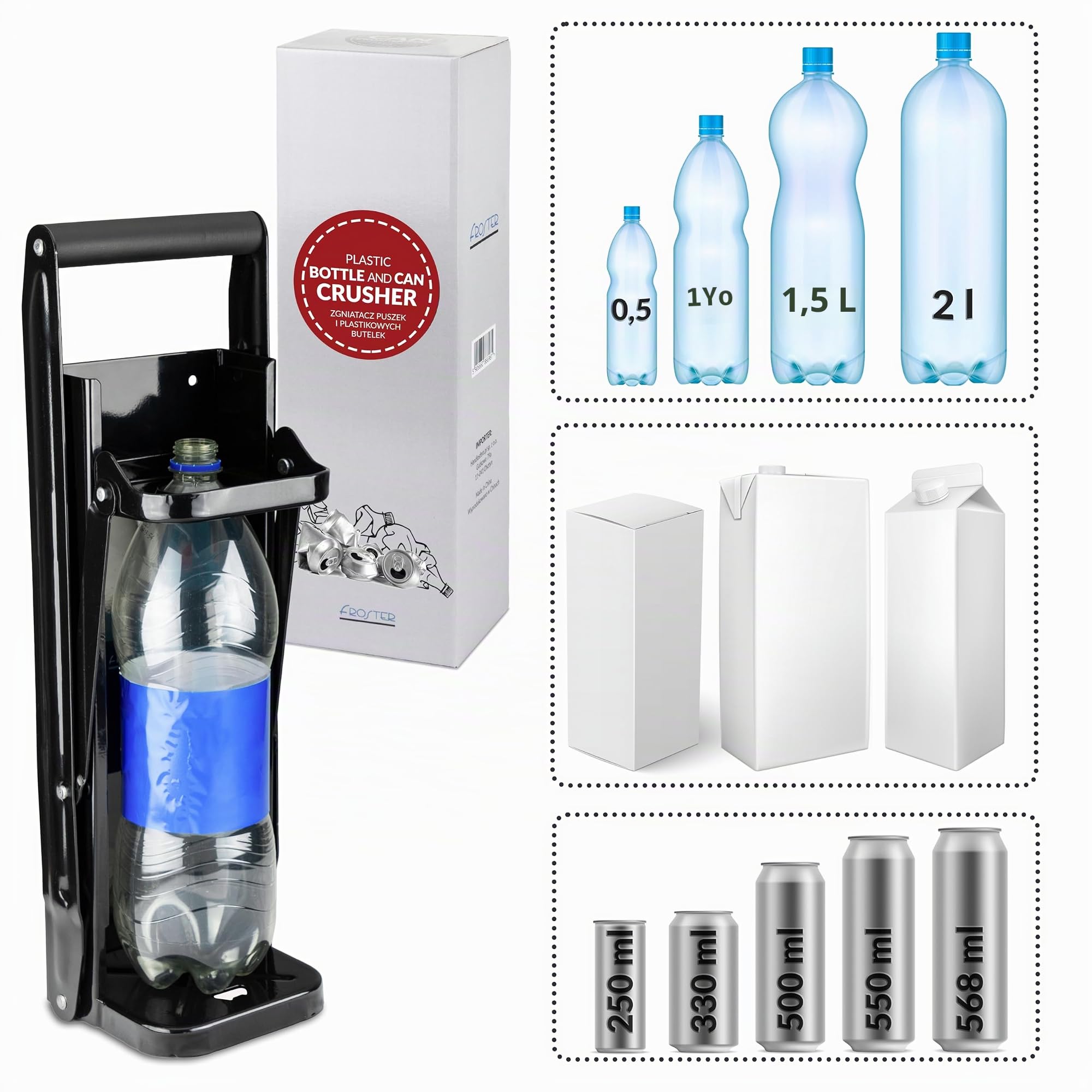 Froster Aplastador de Latas y Botellas, Prensa Grande para Aplastar Botellas de Plástico 0,5-2 l, Latas de Aluminio, y Envases de Cartón
