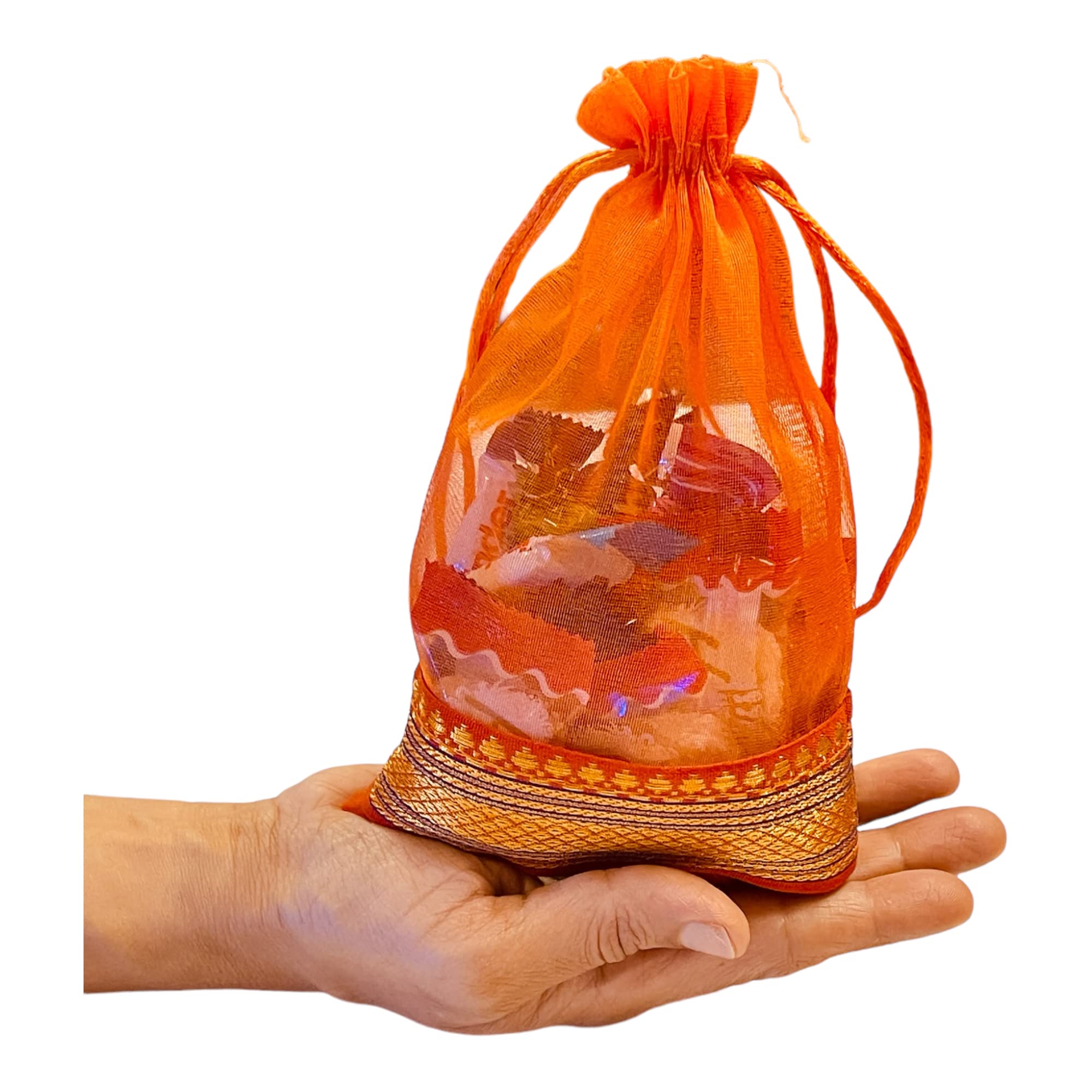 Kriwin Silk Potli Bags with Drawstring, 18 x 12 cm, Pack of 10, for Gifting and Storage (Orange) 1