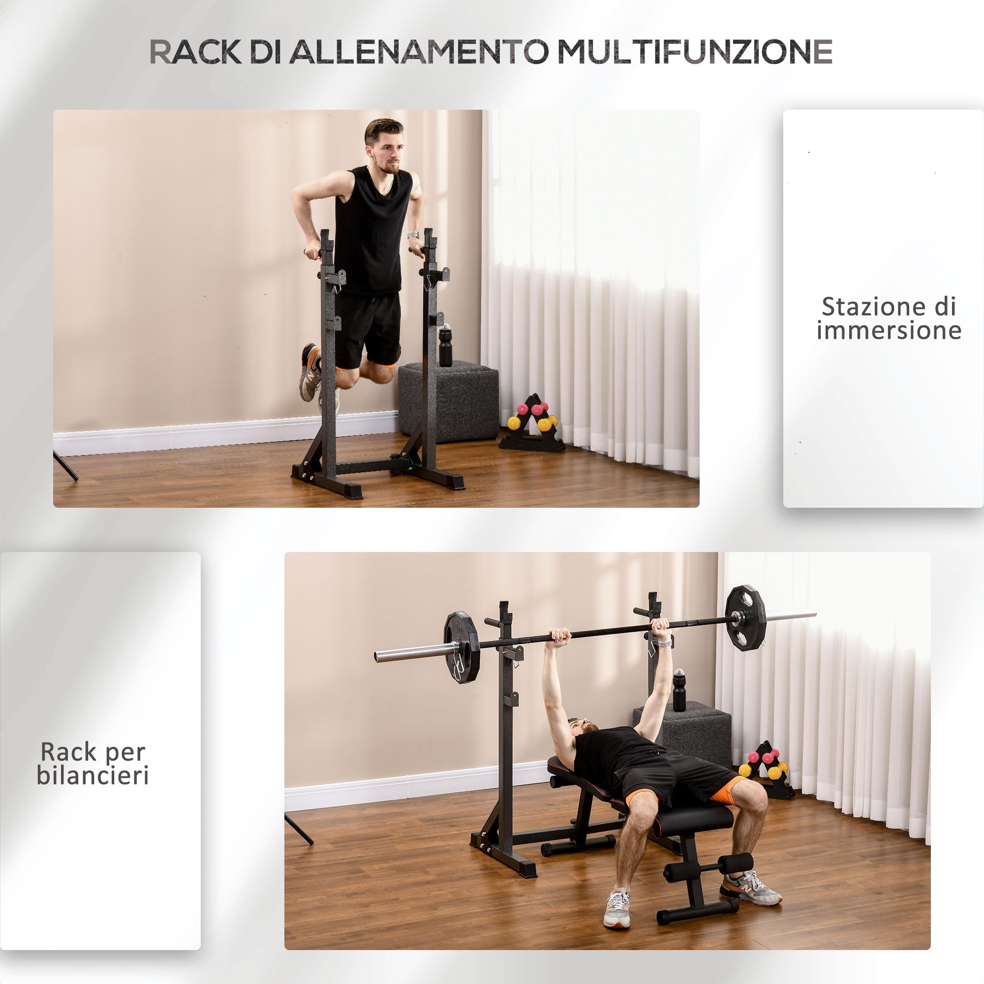 SPORTNOW Supporto per Bilanciere Rack Bilanciere 60-87x65x121-158cm Nero | Altezza e Larghezza Regolabili, in Acciaio ed EVA, Rack Palestra, Carico Massimo 150kg