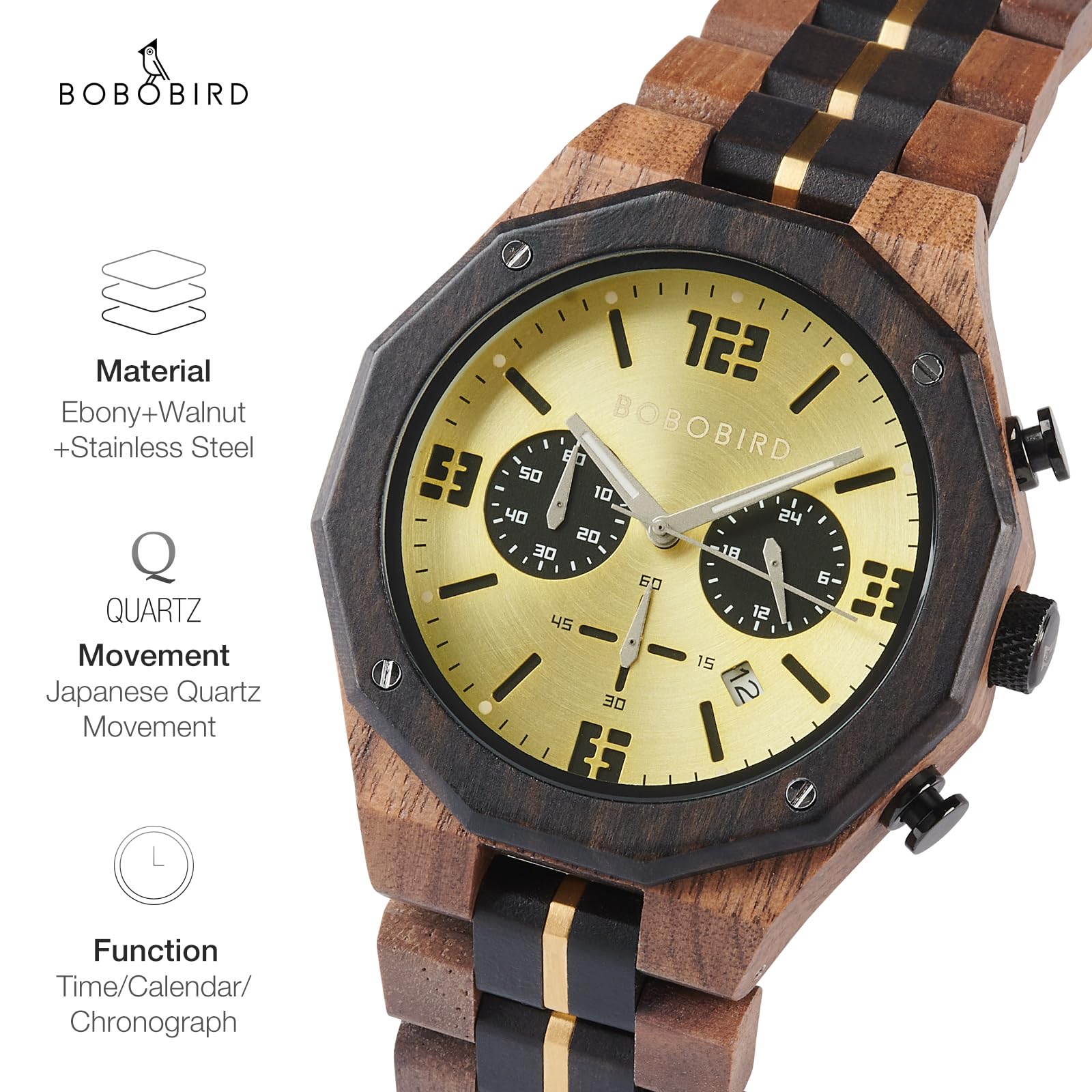 BOBO BIRD Orologio da uomo in legno, sportivo, moderno, casual, cronografo, al quarzo, orologio da polso da uomo, cinturino in acciaio inossidabile con visualizzazione della data (oro), oro, M