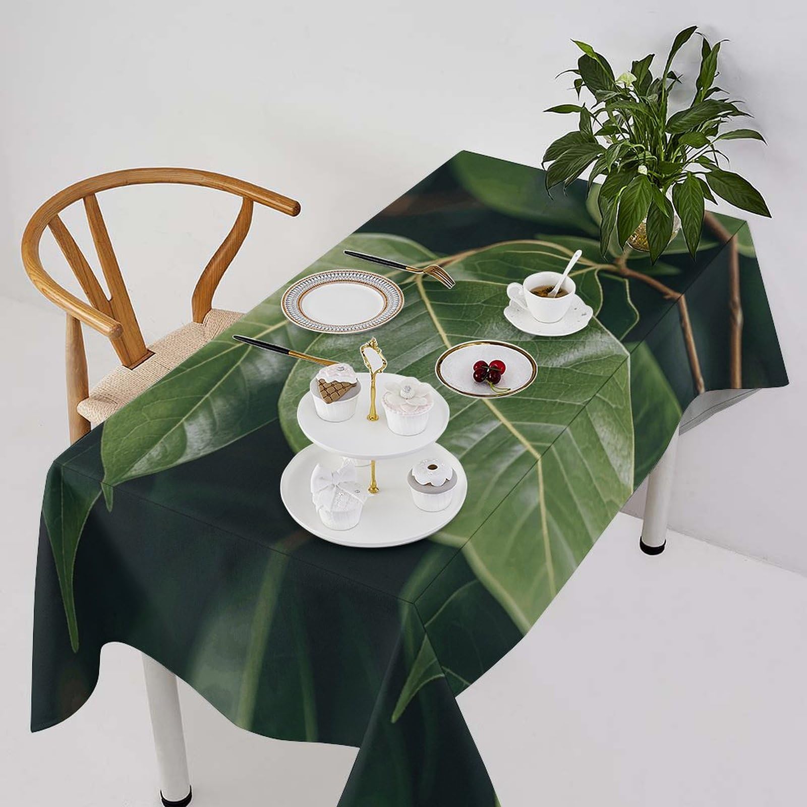 Nappe de table rectangulaire motif eucalyptus résistante aux taches pour fêtes
