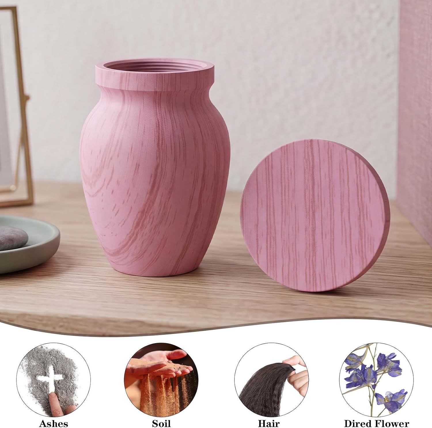 Small Metal Mini Urn for Human Ashes, Wood Grain Finish, Pink