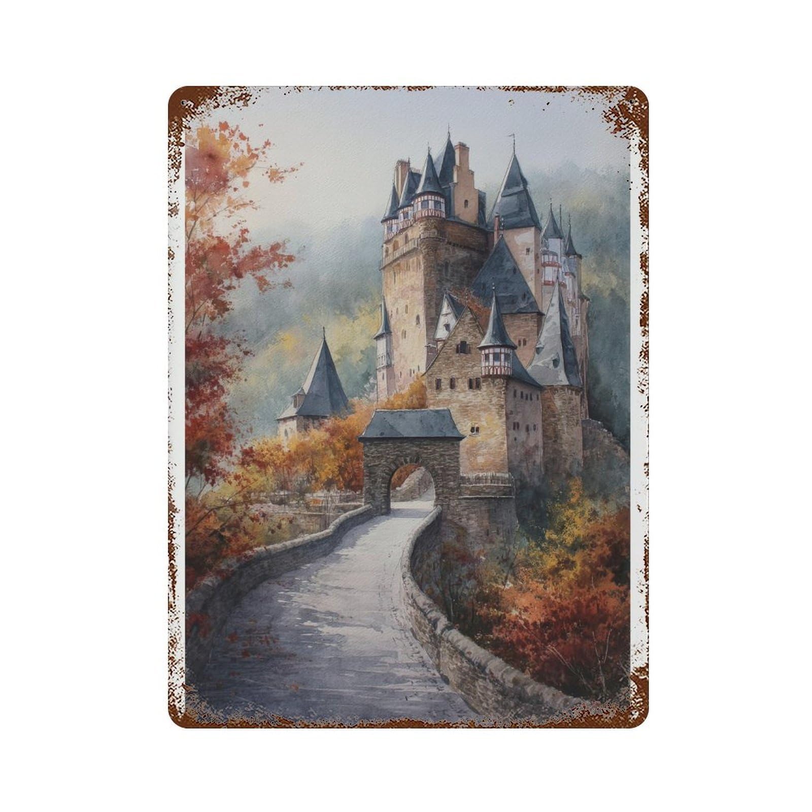 xiaoxiaoshen Koblenz Germany Castle Watercolor Travel Historic European (2) Wall Decor Art Metal Tin Poster Modern Home Decor Art Home Bar Shop Decorations Vintage Sign 40x30cm