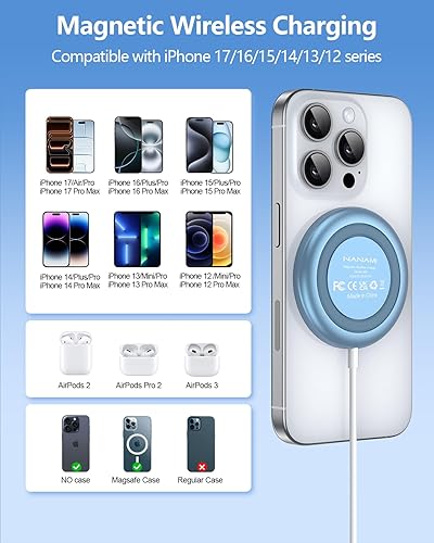 Miniatura 2 de Cargador inalámbrico magnético: almohadilla de carga inalámbrica rápida NANAMI para cargador MagSafe iPhone 17/17 Air/16/15/14/13/12, cargador de