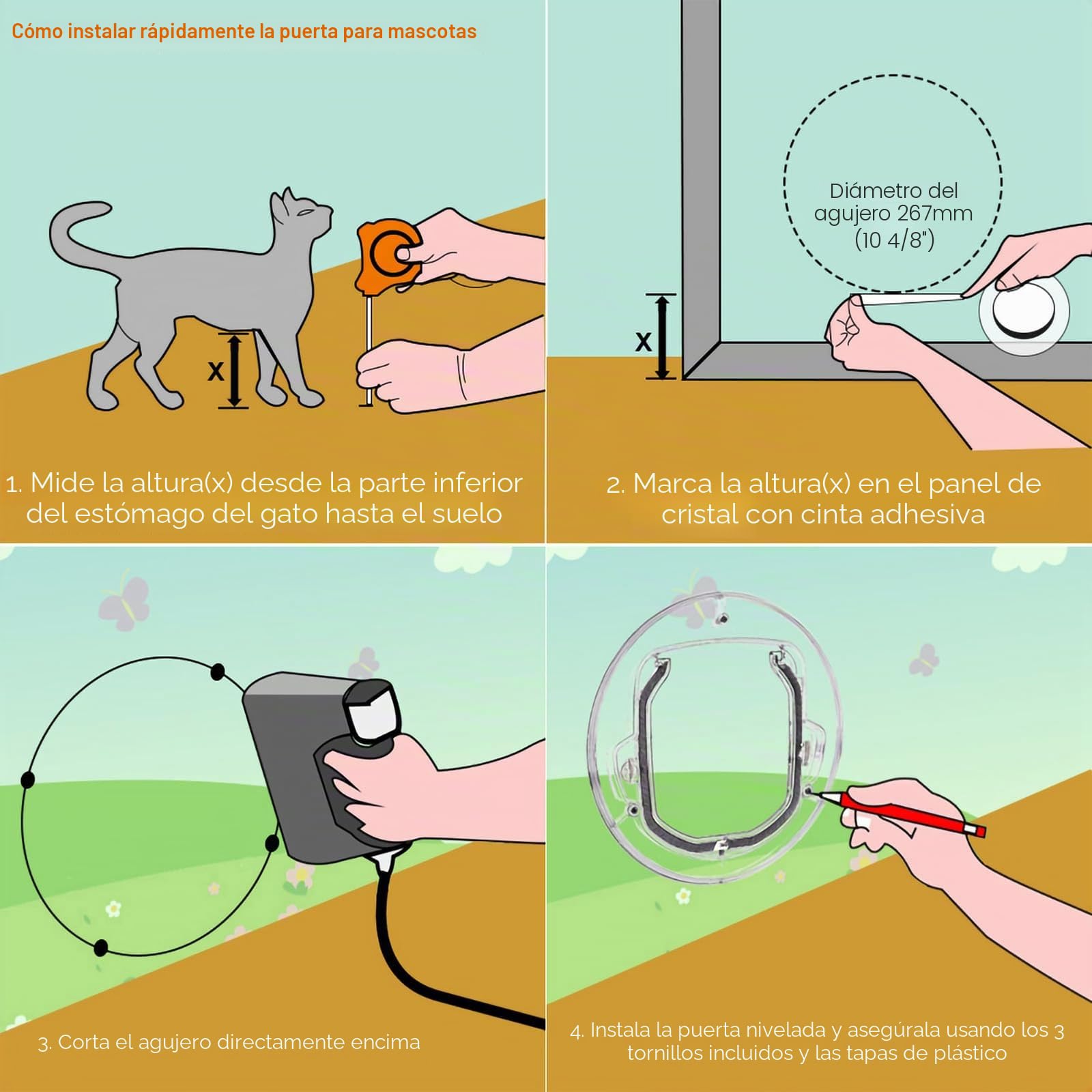 Gatera para gatos de cristal, puerta, cierre de 4 vías, puerta para gatos, transparente, reducción del ruido para gatos y 6 kg para perros de talla pequeña