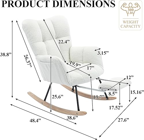 Miniatura 2 de NIOIIKIT Silla mecedora para guardería, silla deslizadora tapizada de peluche con reposapiés ajustable, silla reclinable acolchada con respaldo