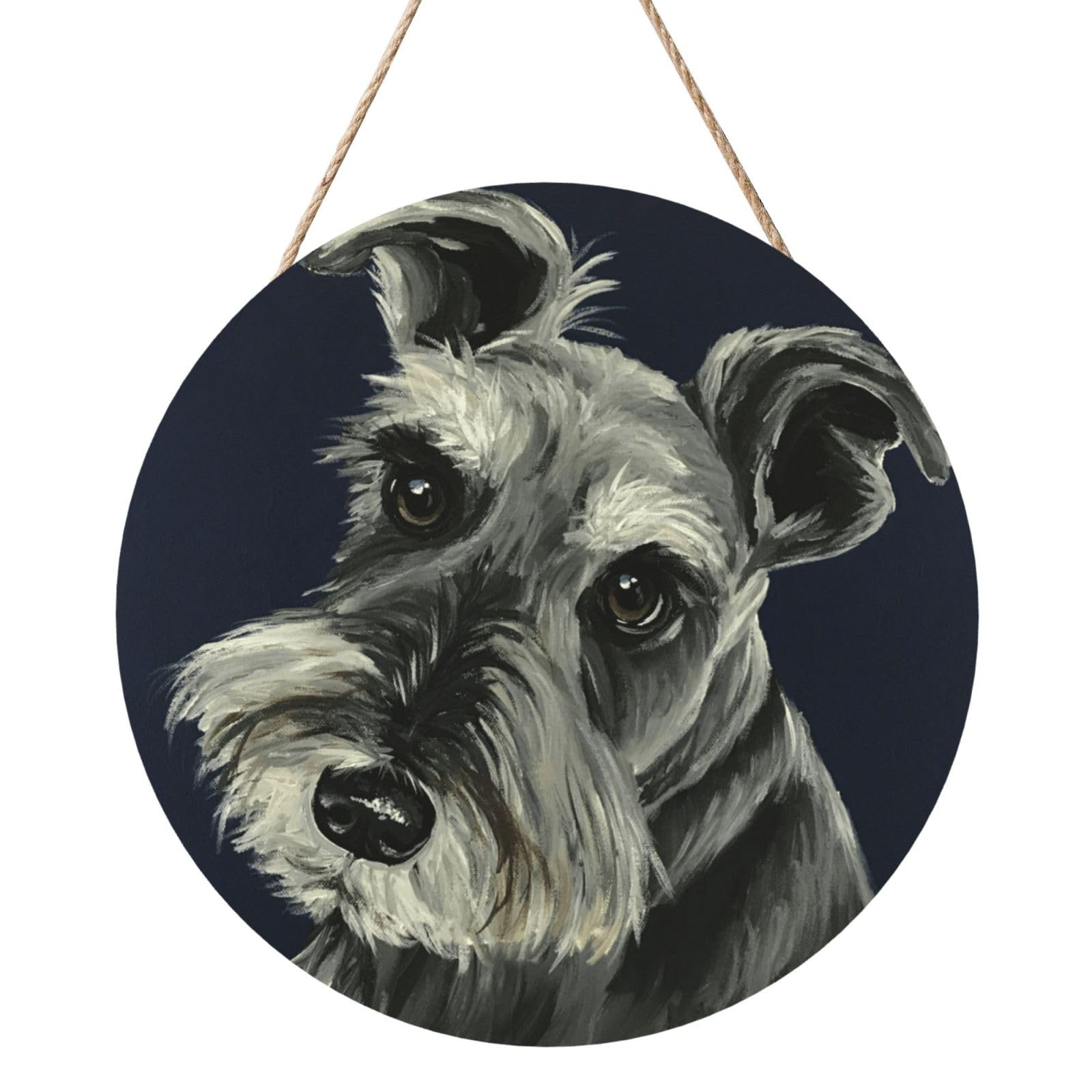 InOmak Colorful Oil Cute Schnauzer Dogs, Round Wood Panel Painting 12 in, Wall Hanging Painting For Home