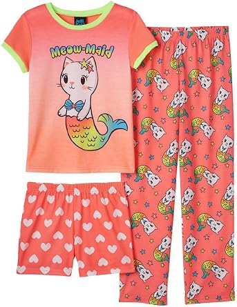 Jelli Fish Kids Girls 3-pc Graphic Tee, Pants, Shorts Pajama Sleepwear Set X-Small 4/5, Coral Meow Maid