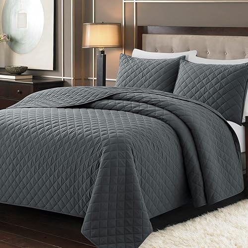 Miniatura 2 de Safonory Edredón gris oscuro, tamaño matrimonialqueen, colcha acolchada de microfibra suave y ligera con costuras de diamante, juego de ropa de cama
