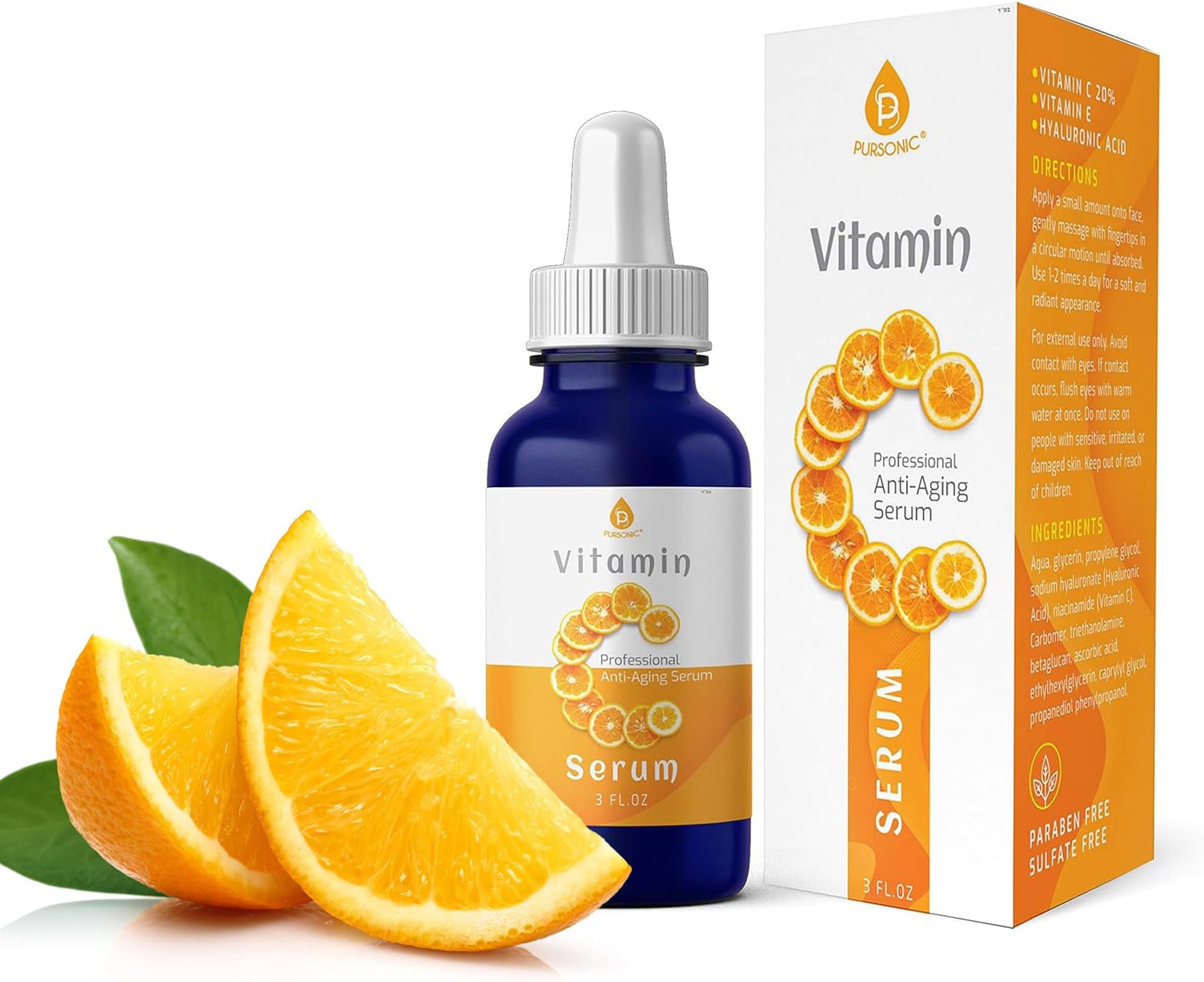 Pursonic Vitamin C Serum, 20% is a high potency Best Organic Anti-Aging Moisturizer Serum for Face, Neck & Décollete and Eye Treatment (3 fl. oz)