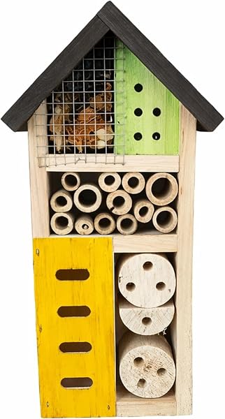 Hôtel à Insectes en Bois Coloré – Abri pour Abeilles et Coccinelles – Maison à Insectes de Jardin Écologique à Suspendre – Compartiments Naturels – 26 cm - 1