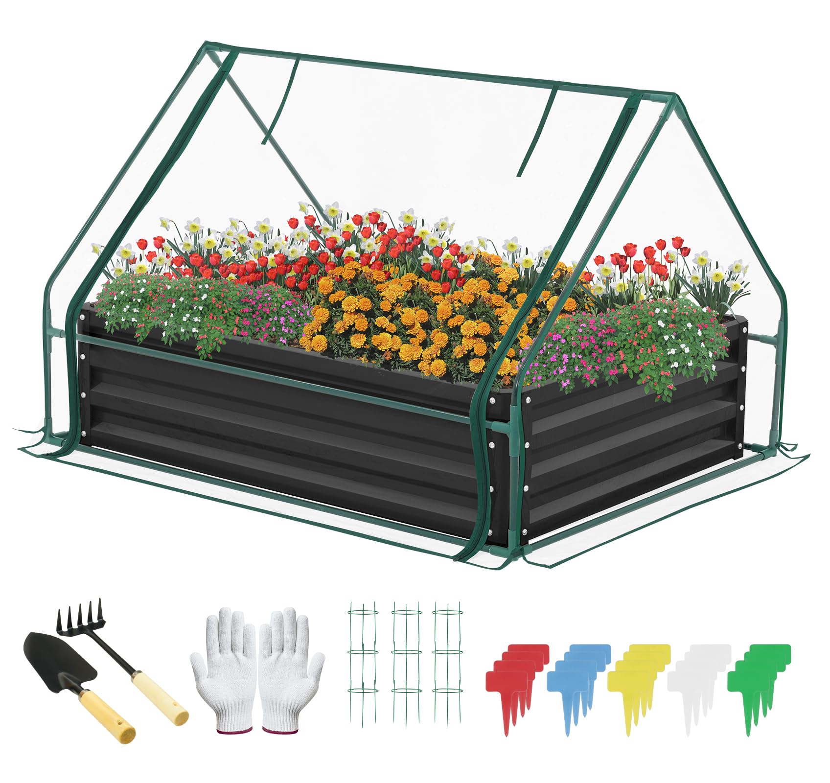 4x3x1 FT Metal Raised Garden Bed with Greenhouse 1 Large Zipper Windows Dual Use,Galvanized Steel Raised Garden Bed for Gardening Vegetables Fruit,20pcs T-Types Tags & 1 Pair of Gloves
