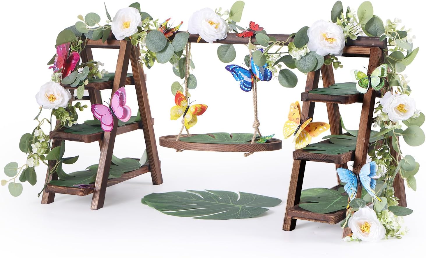 Wooden 3 Tier Cupcake Stand with Flower Vine, Palm Leaves & Decorative Butterflies, Cupcake Holder for Tea Party Supplies, Serving Trays for Party Perfect for Dessert Cups and charcuterie Cups