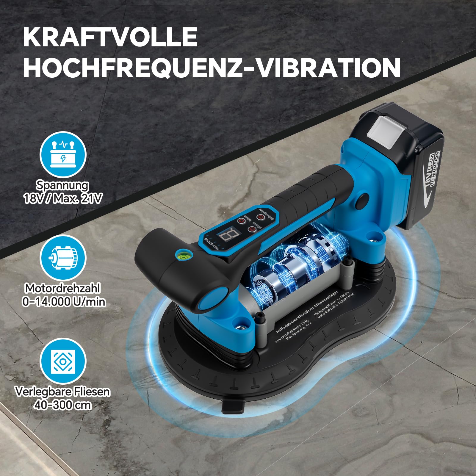 2IN1 Akku Fliesenrüttler & 25CM Akku Saugheber für Makita Akku 18V | mit 9 Stufen, 220 KG Saugkraft,Fliesen Vibrationsgerät Fliesenvibrator für 3M Fliesen Wandfliesen (mit 1x BL1840B Akku)