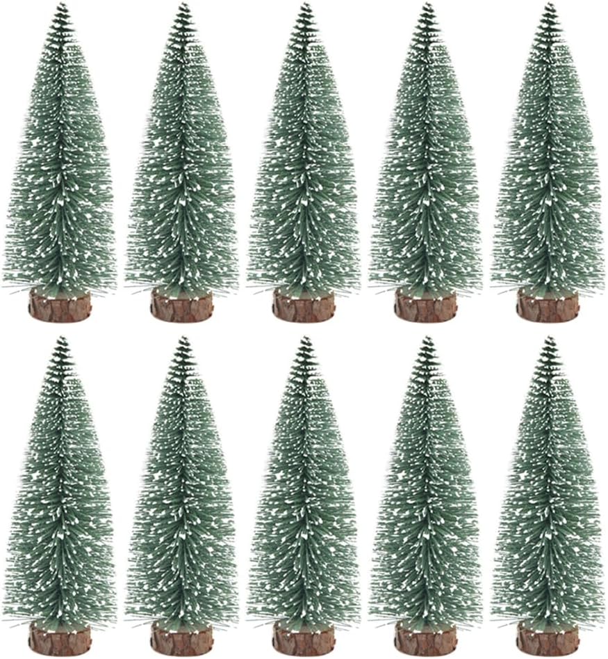 10Pcs Christmas Bottle Brush Pine Tree, Mini Sisal Snow Frost Trees with Wood Base for Village Holiday Party XmasTable Top Decor