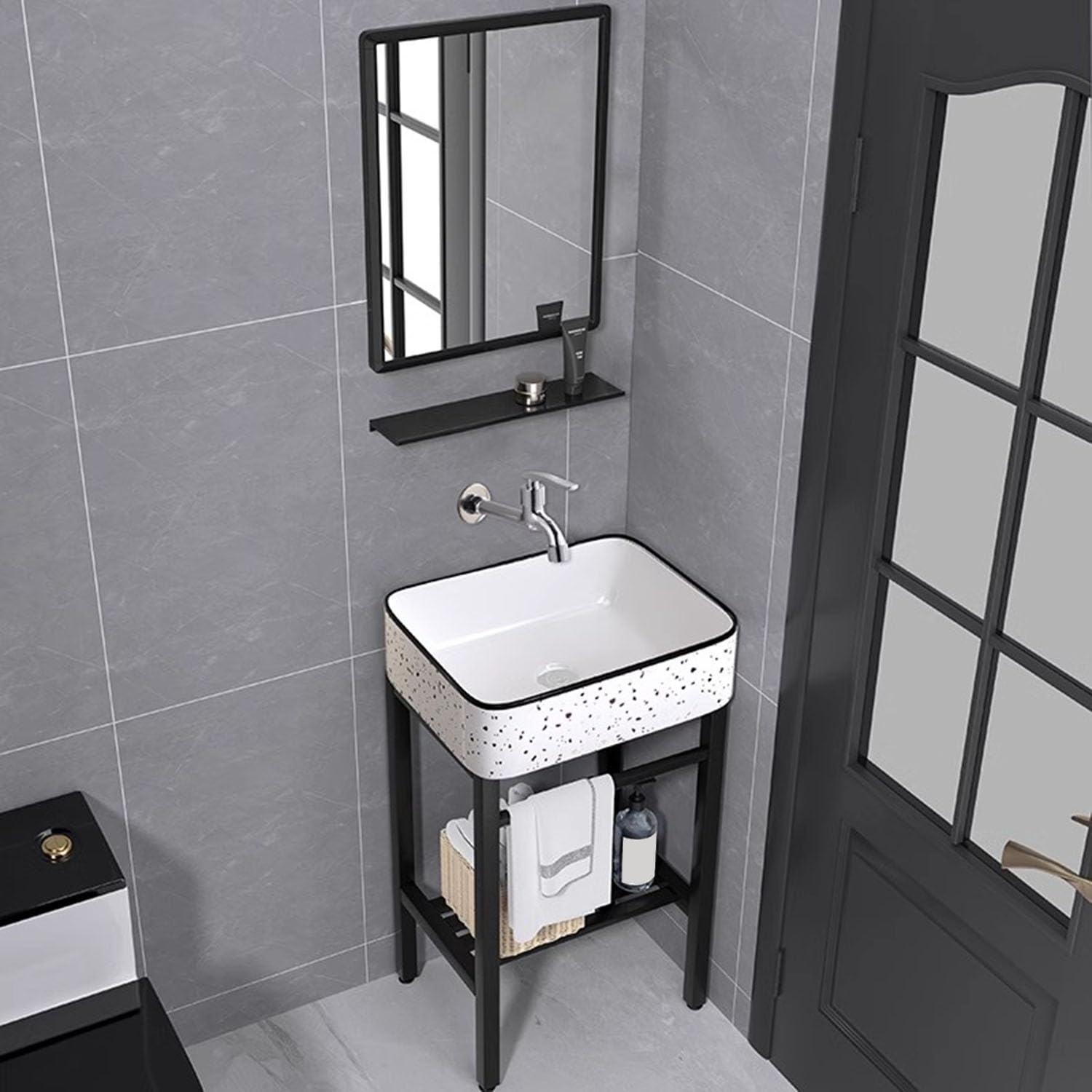 Fregadero de cerámica con estante de almacenamiento, lavabo independiente para baño de granja y lavandería, grifo frío individual estilo A 48 x 37 cm, grifo de pistola pulverizadora, estilo A