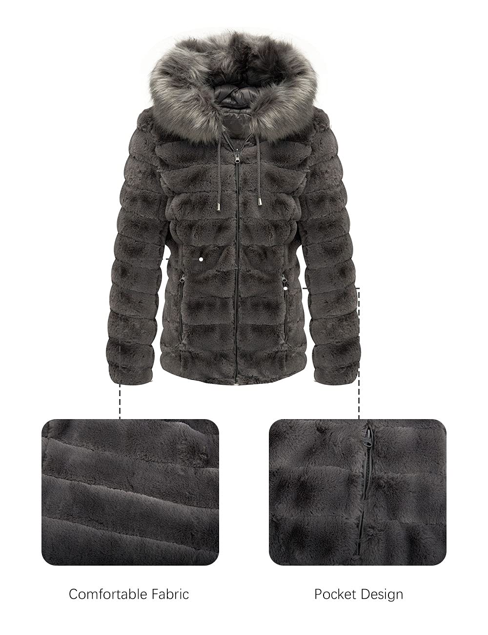 Giolshon Giubbotto Donna Reversibile in Eco Pile, Piumino Corto Invernale con Cappuccio e Collo in Pelliccia