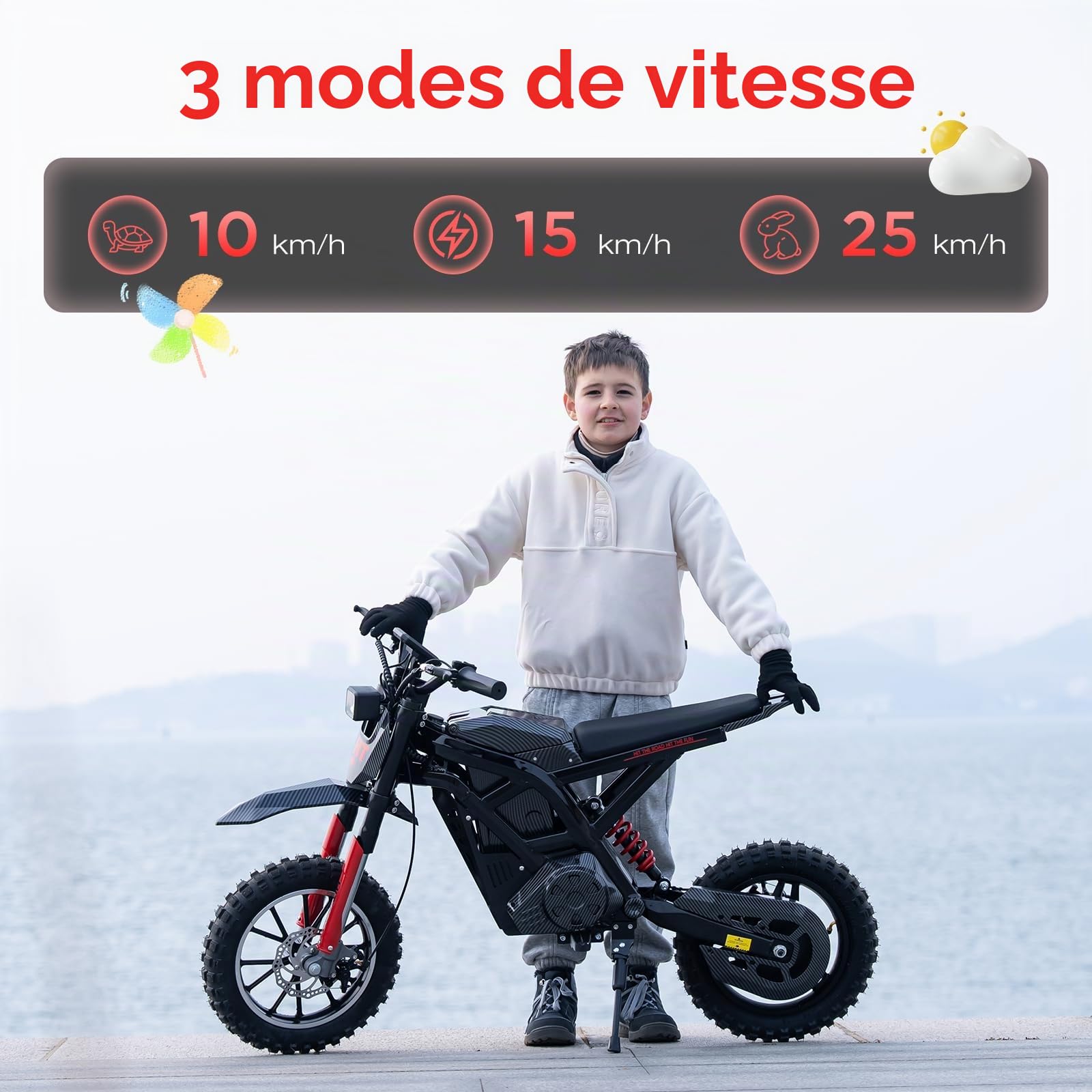 HITWAY Moto Cross Électrique Enfant 14" - Moteur 400W, Batterie 36V 10.4Ah, 3 Vitesses (10/15/25 km/h), Autonomie 30-45 km, Double Suspension, Pneus Tout-Terrain - Dès 8 Ans (Gris-Noir)