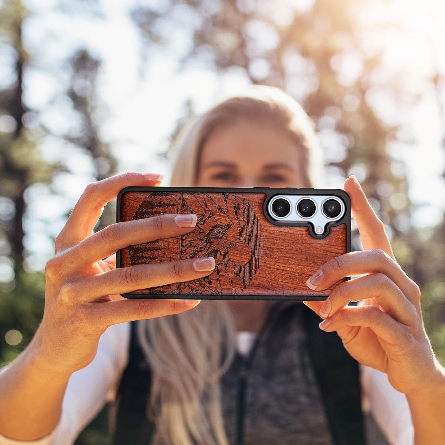 Carveit Wood Case for Galaxy S24 FE Case [Natural Wood & Black Soft TPU] Shockproof Protective Cover Unique Wooden Design Compatible with S24 FE (Alpine Lakes-Rosy)