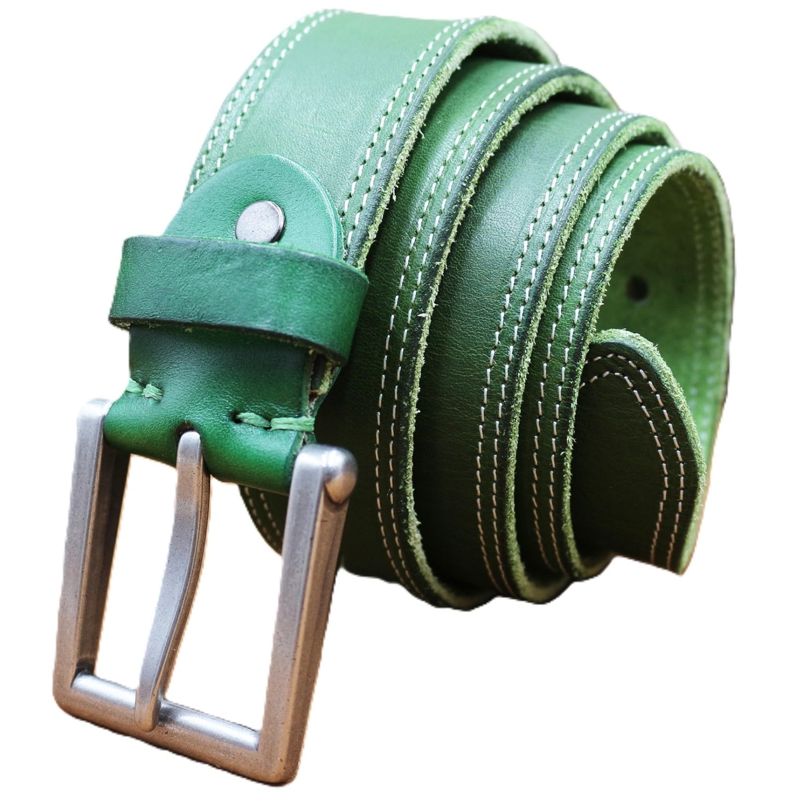 AGUTALITHIC Men's Women's Handmade Jeans Belt- 1.5" Double Row Stitch Full Grain Leather Waist Strap with Single Prong Buckle(120cm/47, Green)