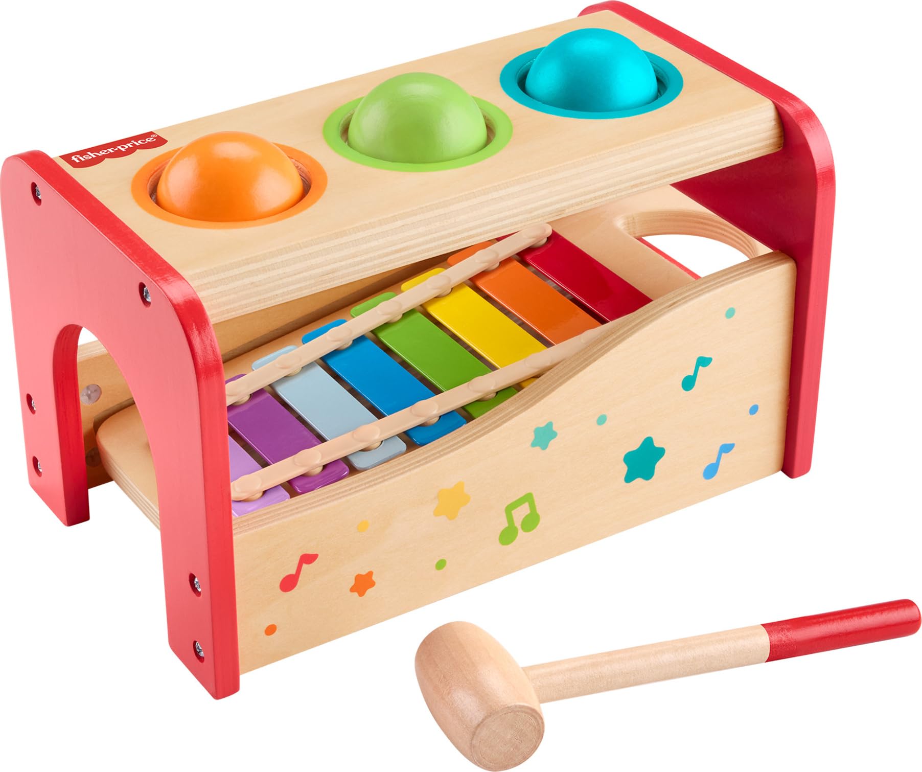 Fisher-Price Wood Toddler Toy Pound & Tap Bench Xylophone, 6-Piece Wooden Musical Activity for Preschool Kids Ages 18+ Months
