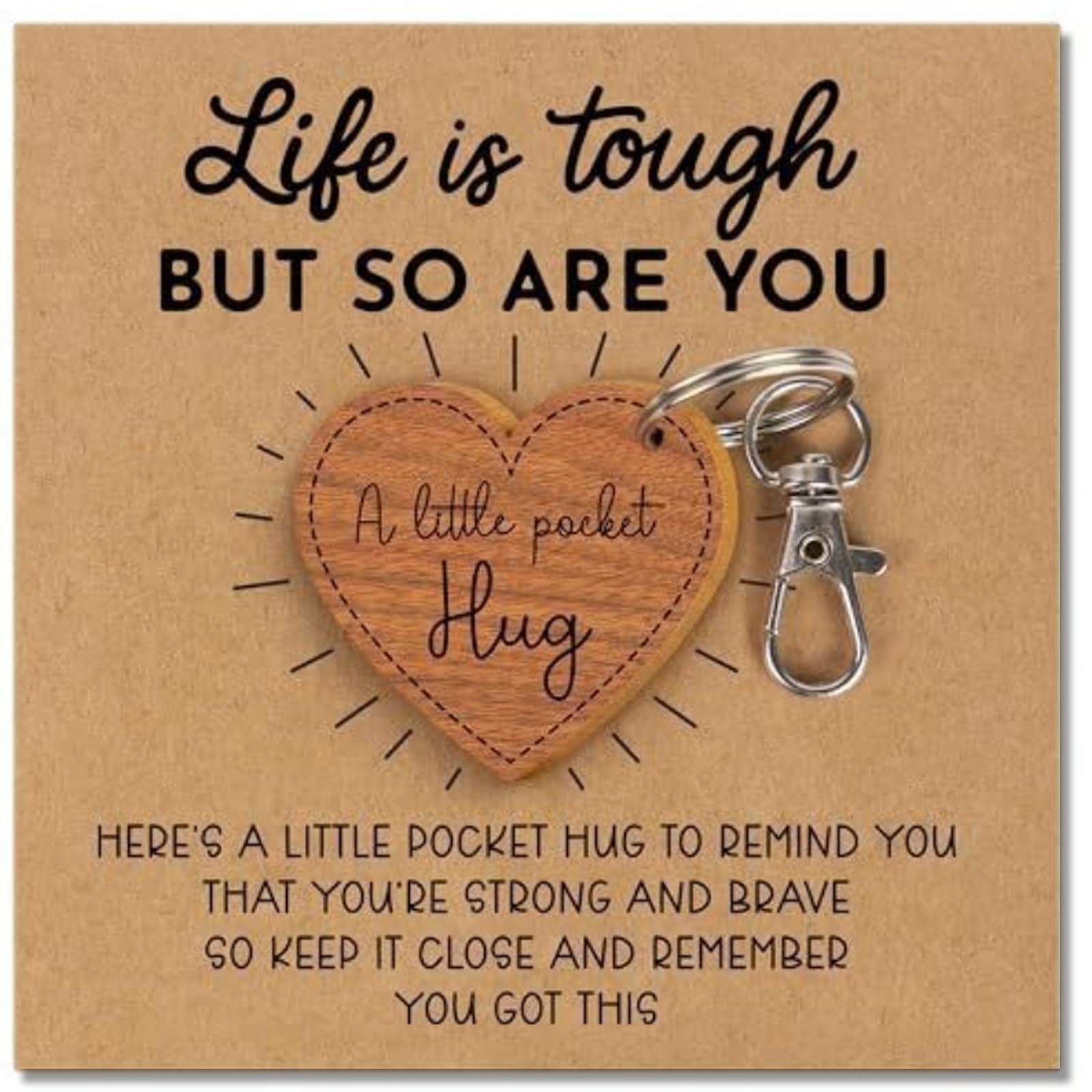 Aikobaa Unisex Brown Pocket Hug Heart Keyring, Wooden Thinking Of You Gift With Inspirational Card, Life Is Tough But So Are You Gift, Pocket Hug For Friends Family, Wooden Keychain For Women Men