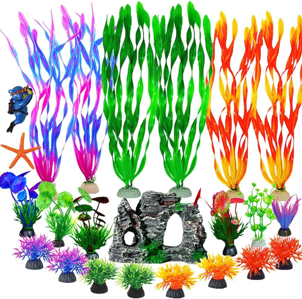 E-TING 23pcs Aquarium Decor Plastic Plants Artificial Fish Tank Plants Decorations Rock Cave Betta Fish Tank Accessories