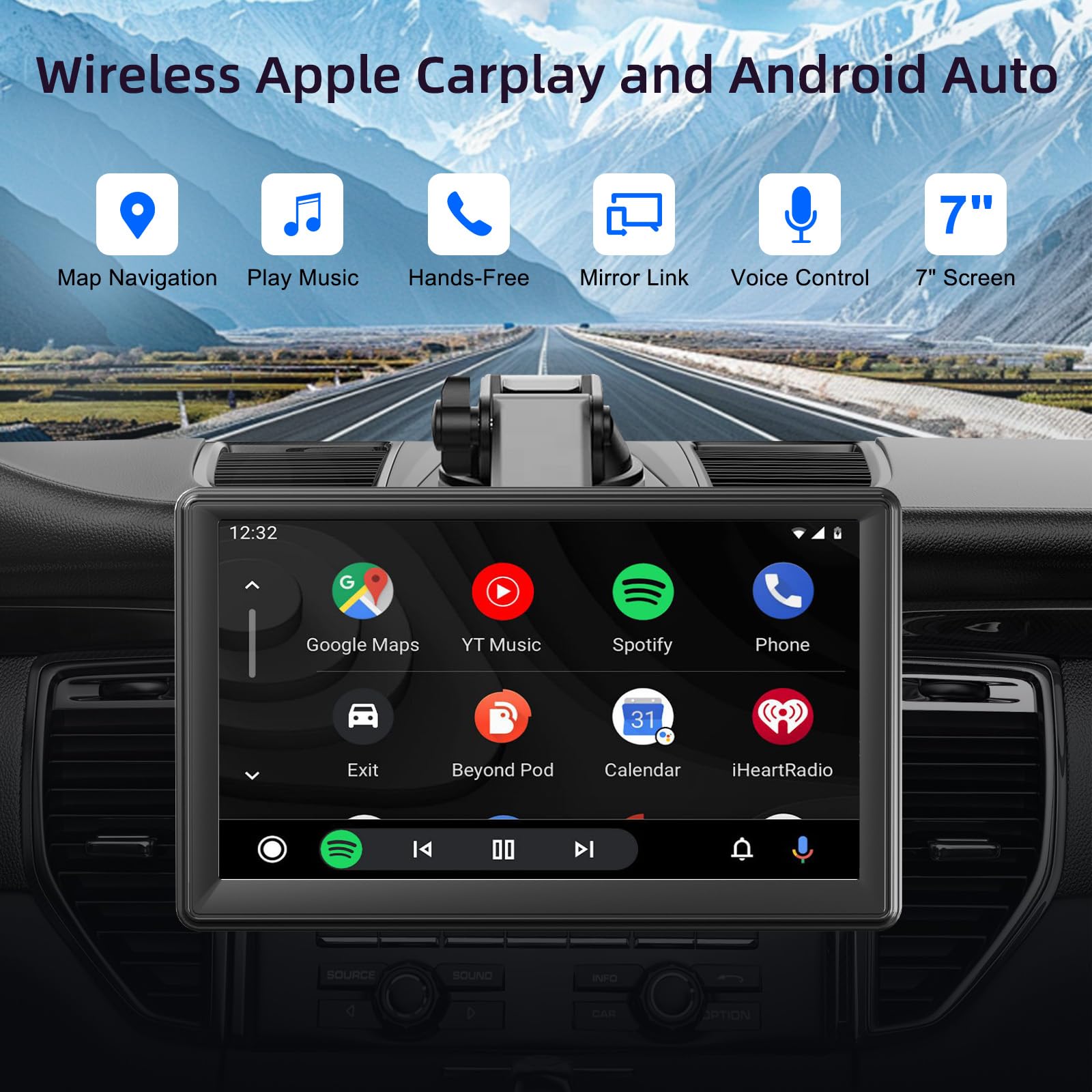 Pantalla Coche, 7" Pantalla Carplay Coche para A-pple y Android con HD Pantalla Tactil, Inalámbrica, Navegación GPS, Bluetooth, Control por Voz Manos Libres, Mirror Link, AUX, FM, Siri & G-oogle