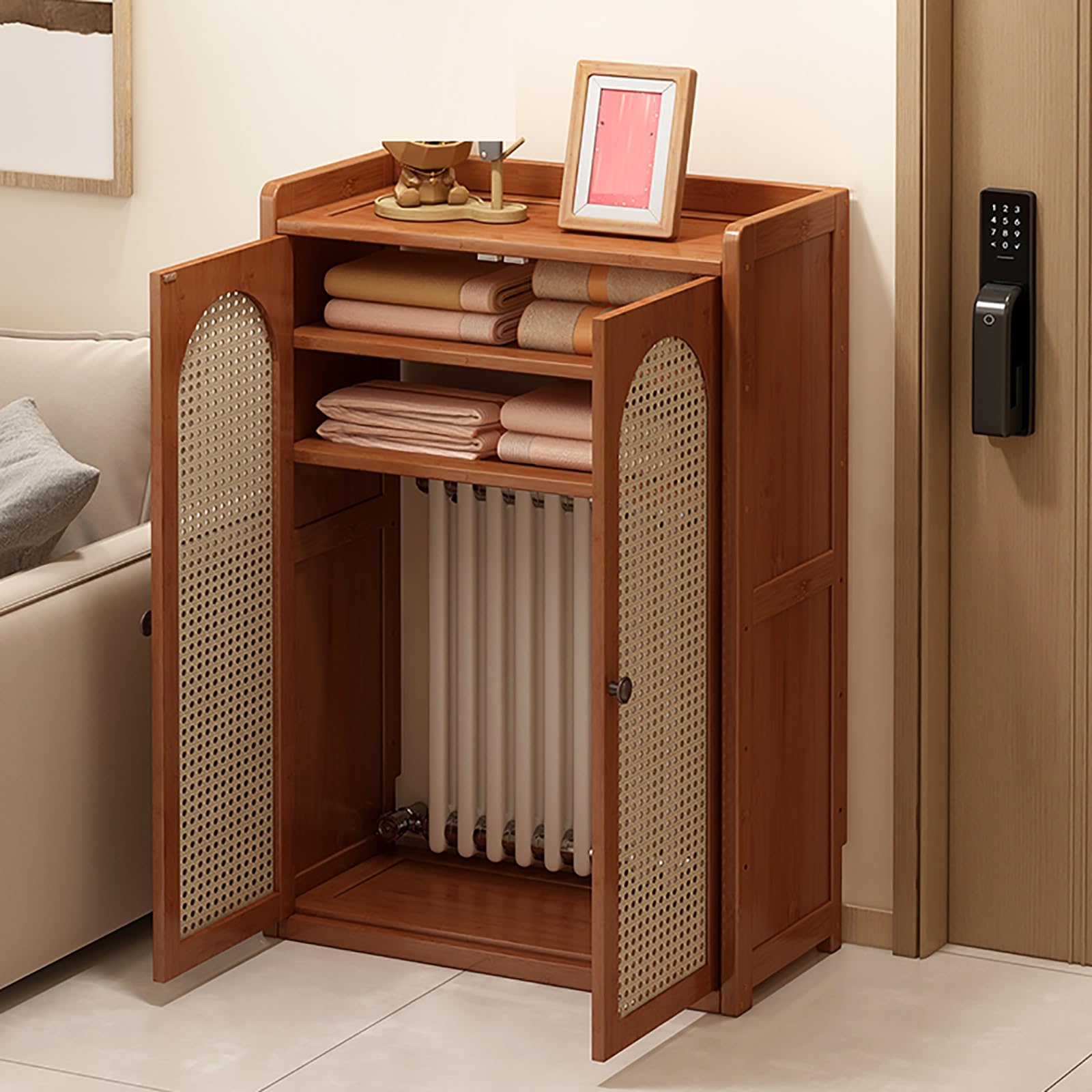 Moderna cubierta de radiador de madera con puerta, elegante cubierta de calentador y estante de almacenamiento de enrutador WiFi de ratán para sala de estar y dormitorio, decoración ideal para el