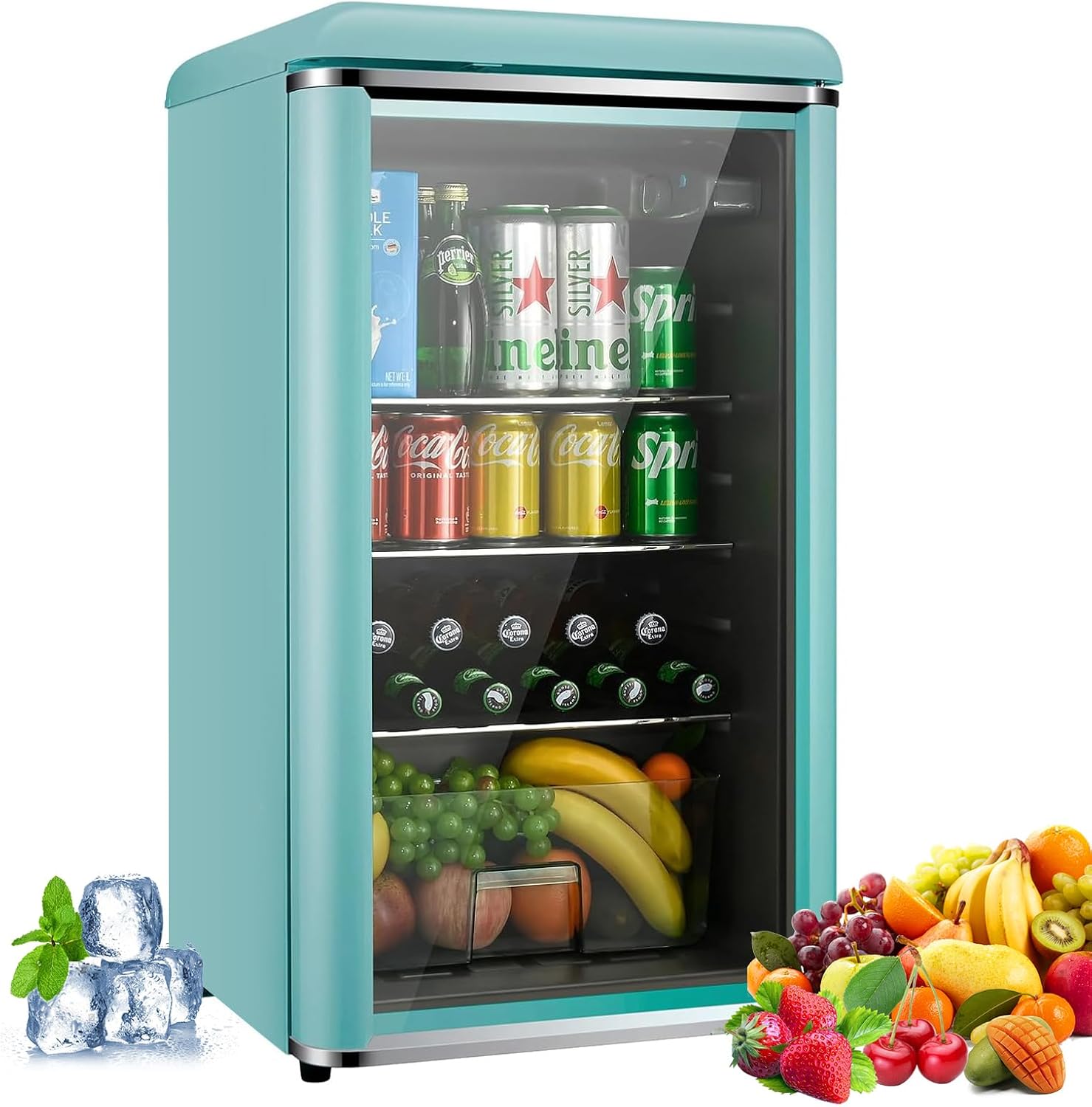 4.9 Cu.Ft Retro Beverage Cooler Double Glass Door Fridge - Holds 160 Cans, 7 Temp Settings Adjustable Shelves, Quiet 42dB - Perfect for Kitchen, Bar, Dorm