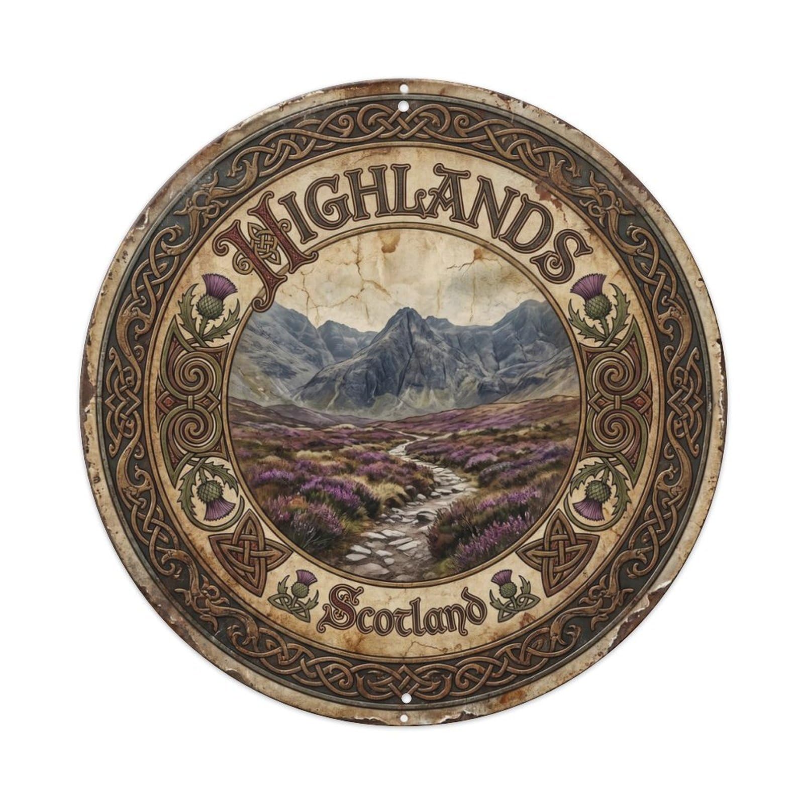 Vintage Travel Scottish Highlands Peaks Metal Tin Sign Plaque Wall Decor for Cafe, Club, Garden Round Metal Poster 8x8Inch