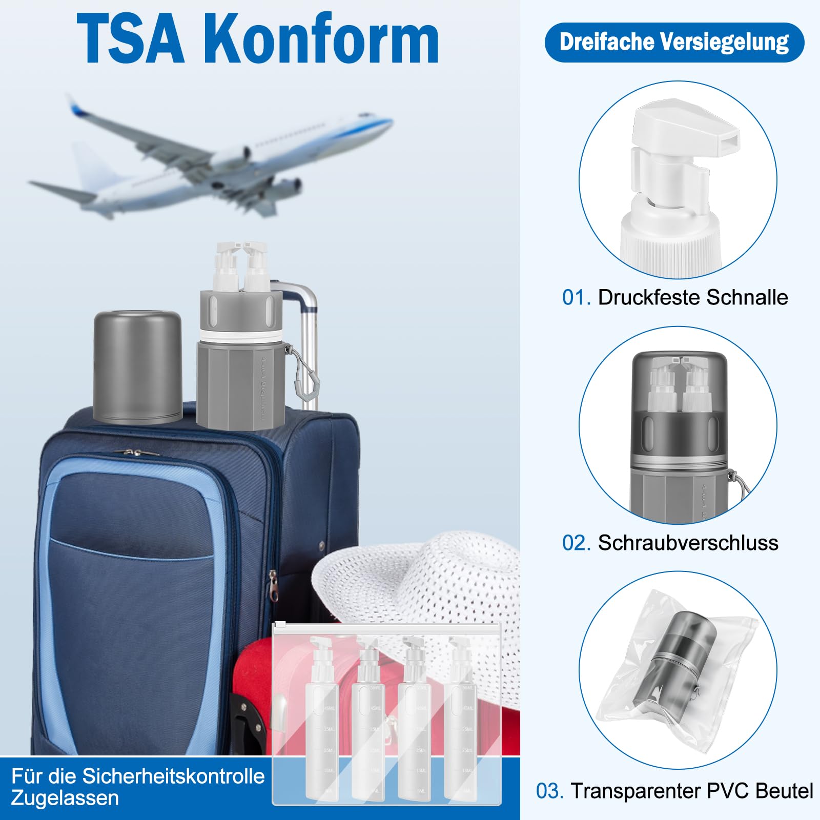 SelfTek Flacon Distributeur de Voyage 4 en 1 - Kit Voyage Produit Toilette Rechargeables, Conteneurs de Voyage Portables pour Articles de Toilette, Portable pour Les Vols (Gris)