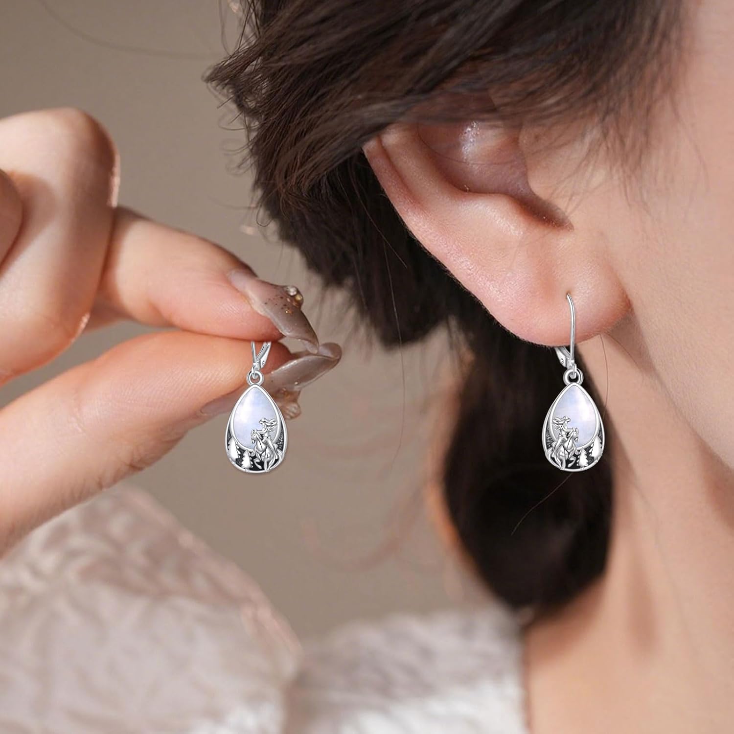 Genuine Moonstone Female Knight Horse Trees Earrings for Women,925 Sterling Silver Teardrop Dangling Earrings Vintage Healing Rainbow Gemstone Jewelry for Horse lover - Image 3