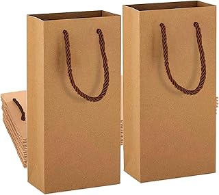 Sacs cadeaux en papier kraft pour vin - Premium 2 bouteilles avec poignées renforcées - Lot de 10. Idéal pour Noël, mariages, fêtes (Marron)