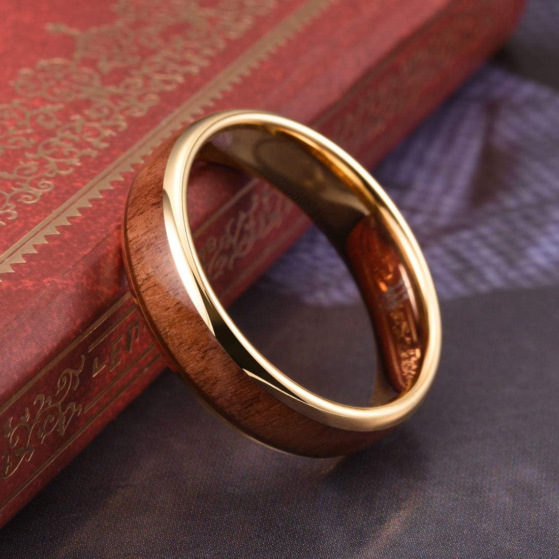 THREE KEYS JEWELRY 4mm 6mm 8mm Black Tungsten Wedding Ring Domed with Real Koa Wood Inlay