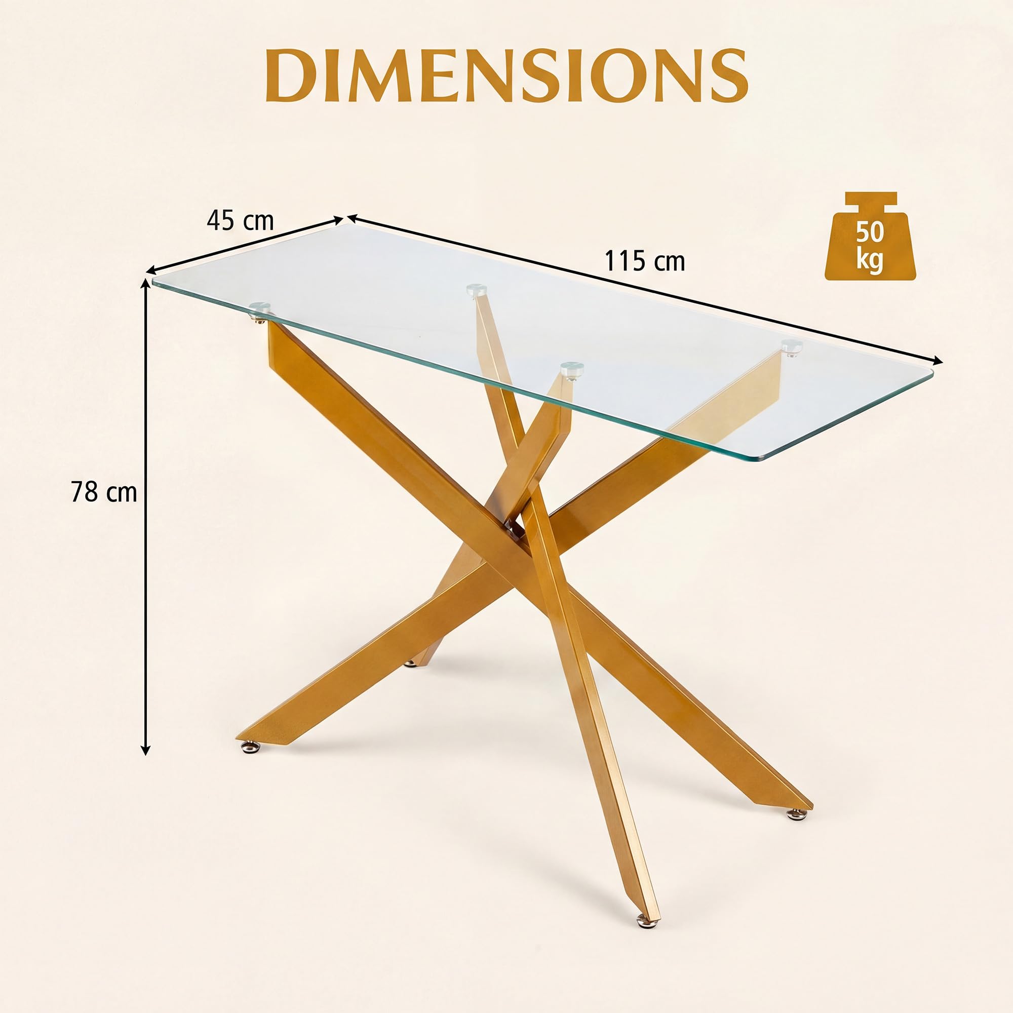 SOARS Konsolentisch mit ESG-Glas & Metalbeinen, moderner rechteckiger Beistelltisch mit verstellbaren Fußpolstern, Eingangstisch für Flur, Esszimmer & Wohnzimmer, 115 x 45 x 78 cm (Gold)